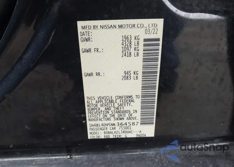 2022 Nissan Altima Sv Fwd z USA, uszkodzony, nr VIN 1N4BL4DV5NN364587